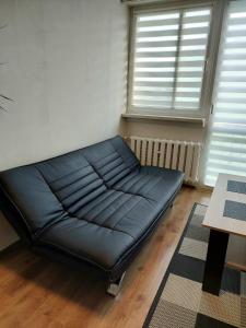 a black leather couch in a room with two windows at Apartament 59 , ranczoturystyka Bielawa Sudety in Bielawa +34 photos