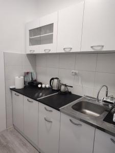a kitchen with white cabinets and a sink at Relaks Apartman in Rudnik Kačerski
