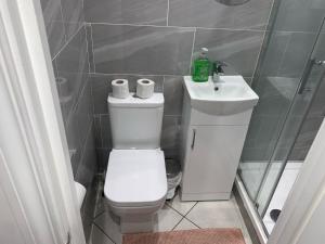 a small bathroom with a toilet and a sink at W5 Studio in Ealing