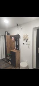 a bathroom with a toilet in a room at Nina apartman in Komárno