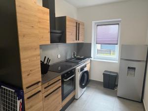 eine Küche mit Waschmaschine, Spüle und Geschirrspüler in der Unterkunft Appartement de luxe in Löhne
