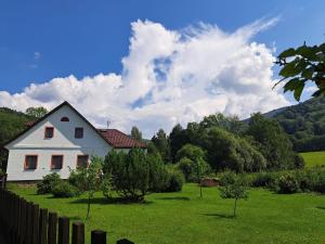 une maison blanche dans un champ avec une clôture dans l'établissement Chalupa u ztraceného potoka, à Vernířovice