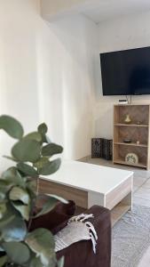 a living room with a white coffee table and a tv at Charming apartment with terrace and parking in Carcassonne in Carcassonne