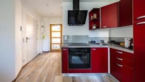a kitchen with red cabinets and a black oven at Le Reflet - Vue Rivière et Caractère in Dijon
