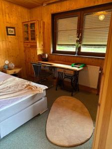 a bedroom with a desk and a bed and a table at Rhönblick Residenz FG in Dipperz