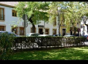 a fence in front of a building with parked cars at ALFONSo XII in Córdoba