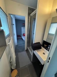 ein Badezimmer mit Waschbecken und Spiegel in der Unterkunft Stelorevan in Bailly-Romainvilliers + 23 Fotos