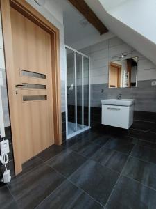 a bathroom with a sink and a mirror at Apartmány Orlické záhoří in Orlické Záhoří 
