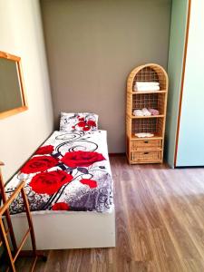 a small room with a bed and a book shelf at COSY FLAT IN CENTRAL TIRANO - 60 seconds walk from Bernina Express Train station in Tirano