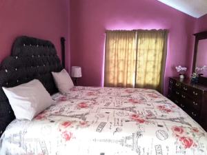 a bedroom with a large bed with pink walls at The Luxe Spot in Spanish Town