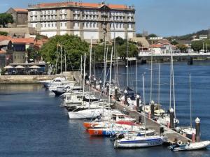 a group of boats docked at a dock in a harbor at Bião boat Apartment in Vila do Conde