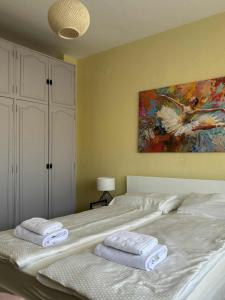 a bedroom with a large bed with towels on it at Timeless Apartment in Delčevo