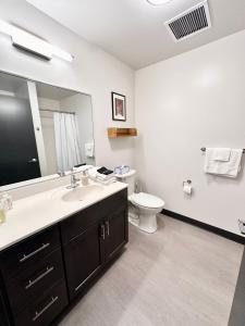 a bathroom with a sink and a toilet and a mirror at Deer District Studio Apt - One Block from Fiserv and Baird in Milwaukee