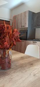 a vase of red flowers sitting on a table in a kitchen at Dimora Floris accogliente appartamento in borgo storico a 7 chilometri dal mare in Montefiore dellʼAso +18 photos