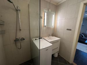 un bagno con lavandino e doccia di 1-bedroom Apartment Near City Centre ad Ålesund