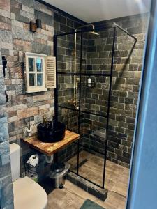 a bathroom with a sink and a shower at La Popasul Cerbului in Semenic +51 photos
