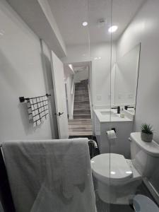 a bathroom with a toilet and a sink and a staircase at The Walkout at the Ravine in Edmonton +29 photos