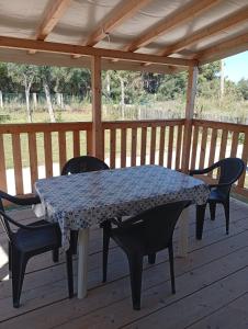 a table and chairs on a screened porch with a table and chairs at Casetta sul mare in Lido di Classe