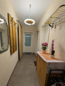 un corridoio con un bagno con lavandino e specchio di Affordable room in Bremerhaven a Bremerhaven