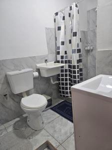 a bathroom with a white toilet and a sink at NICO Apart in Eldorado +13 photos