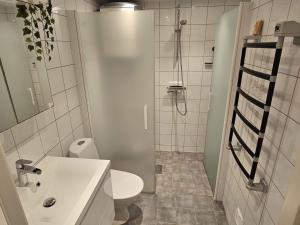 a bathroom with a sink and a toilet and a shower at 4 star holiday home in Löddeköpinge in Löddeköpinge