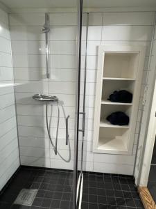 een douche met een glazen deur in een badkamer bij Tromsø Stay in Tromsø +15 foto's