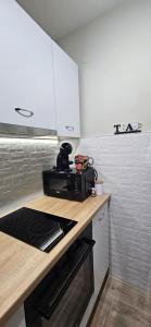 a kitchen with a counter top with a microwave at Apartman Vukota 2 Pirot in Pirot