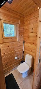 un bagno con servizi igienici in una cabina di legno di Quiet Lakeside Forest Escape a Virasoja Altre 62 foto
