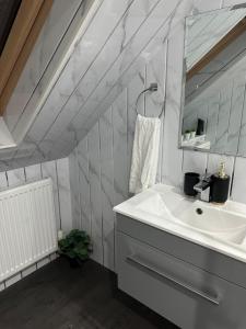 a bathroom with a sink and a mirror at A Cosy and Spacious Studio Flat in Navestock