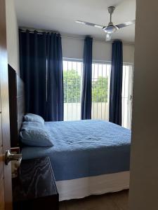 a bedroom with a bed with blue sheets and a window at Terraza Carrizalillo in Puerto Escondido