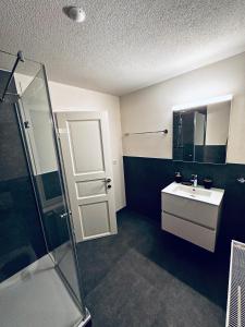 a bathroom with a sink and a shower at Modernes City Apartment am See, Zentral in Rorschach