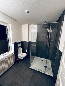 a bathroom with a shower and a toilet at Modernes City Apartment am See, Zentral in Rorschach