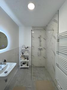 リンツにあるLivvalu Apartmentsのシャワーと洗面台を備えた白いバスルーム +4枚の写真