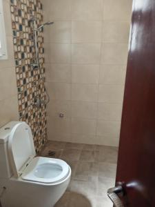 a bathroom with a white toilet and a shower at Bawsher hay al baydah villa in Muscat