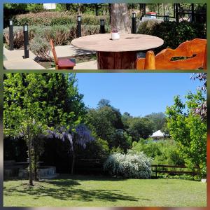 zwei Bilder eines Gartens mit einem Tisch und einem Baum in der Unterkunft Cabañas Río in Huerta Grande