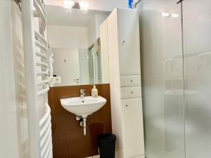 a bathroom with a sink and a shower at 140 m2 Spacious Apartment with Balcony & Parking in Vienna +21 photos