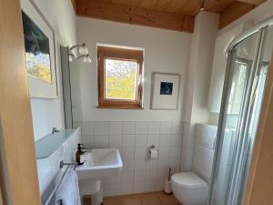 a bathroom with a sink and a toilet and a window at Landhaus St Georgen im Gailtal in Emmersdorf +34 photos