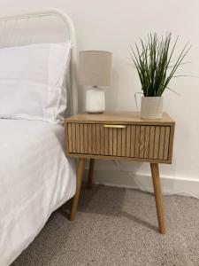 a bedside table with a lamp and a plant on it at Modern 1-bed Duplex+Balcony in Manchester