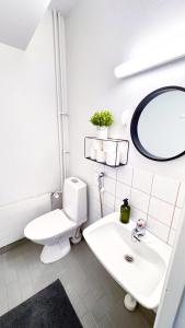 a bathroom with a toilet and a sink and a mirror at Oulu city center 4-room apartment Parking in Oulu +15 photos