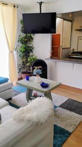 a living room with a table and a fireplace at Departamento 4 personas, sector Peñuelas in La Serena