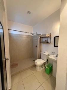 a bathroom with a toilet and a shower and a sink at Pez Vela in Puerto Morelos