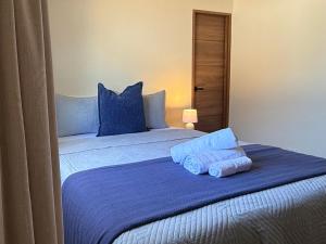 a bed with two blue pillows on top of it at Casa Blu - Vacation home in Chitre in Chitré