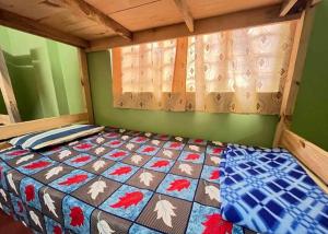 シロンにあるSyngkrem Hostel for Travellers Backpackers Meghalayaの緑の部屋にあるキルトが敷かれたベッド