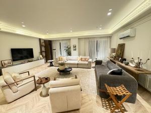 ラホールにあるZameen Opal Grand Executive Hotel Apartments Lahoreのソファとテレビ付きの広いリビングルーム