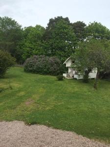 a house in the middle of a grassy field at Vita Lilla Stugan i Vimmerby in Vimmerby