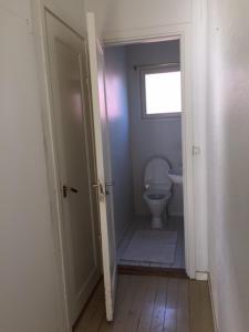 a white bathroom with a toilet and a window at Lingonberry Cottage in Tammisaari