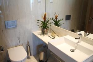 a bathroom with a sink and a toilet and a mirror at Quinta Vale da Roca in Sintra