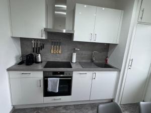 a kitchen with white cabinets and a sink at Apartment SNOW in Bruck an der Mur