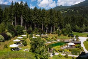 an aerial view of a resort with a pool and trees at Hotel Hubertus in Neukirchen am Großvenediger +50 photos