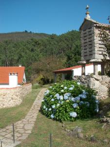 un jardín con flores frente a una iglesia en Casa do Fieiro, en Miñortos